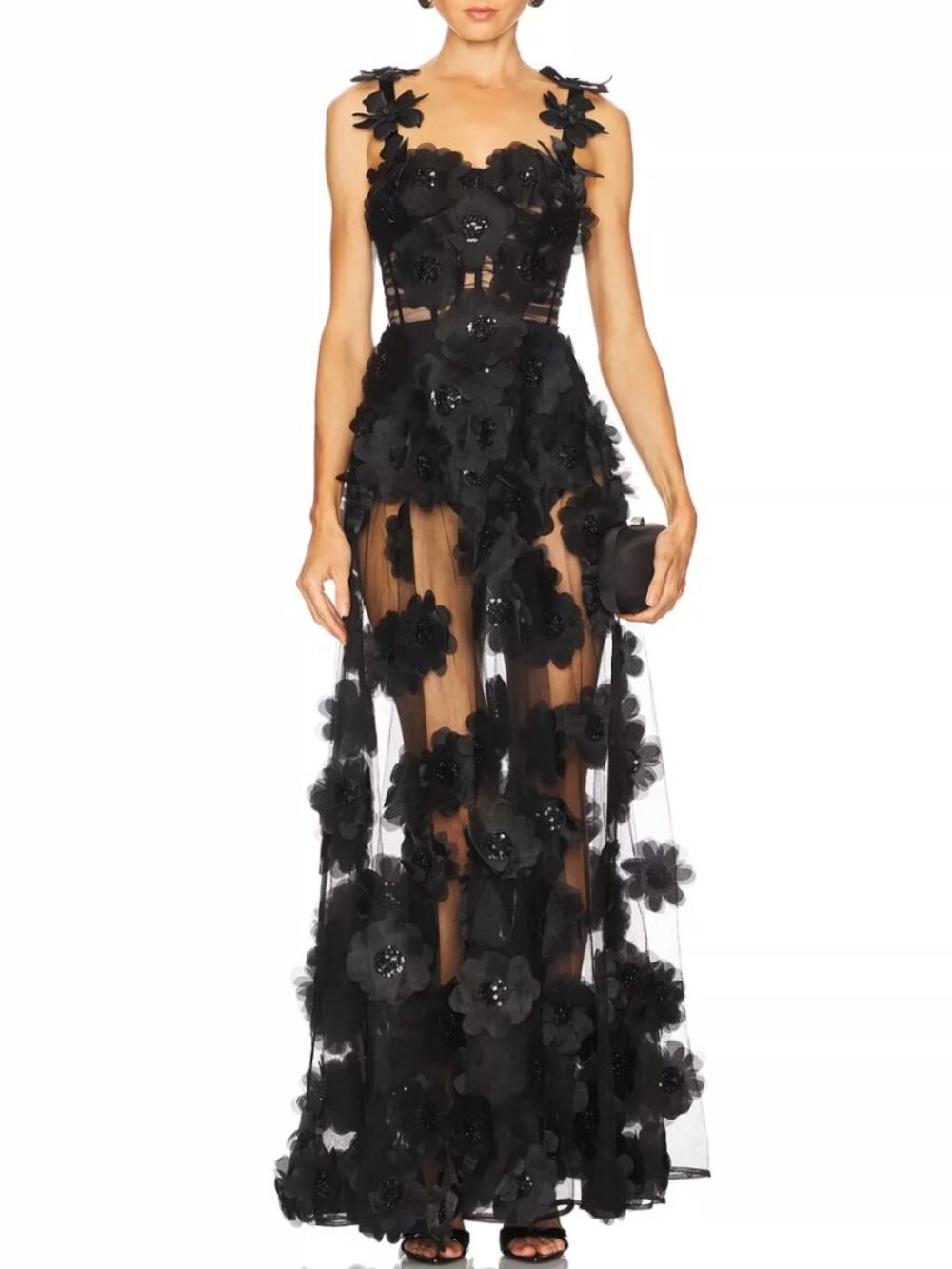 Bronx and Banco Rosalie Maxi Dress Gown Black Noir Floral-Appliqué Tulle - Picture 2 of 10